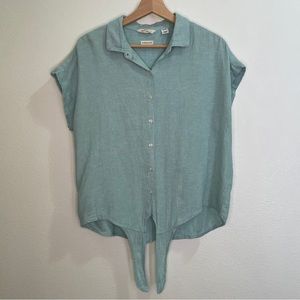 Weatherproof Vintage Washable Linen Blend Button Up Tie Front Shirt - Mint Green